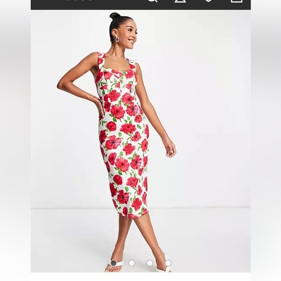 ASOS sweetheart neckline roses floral ruched midi bodycon dress - Picture 1 of 11